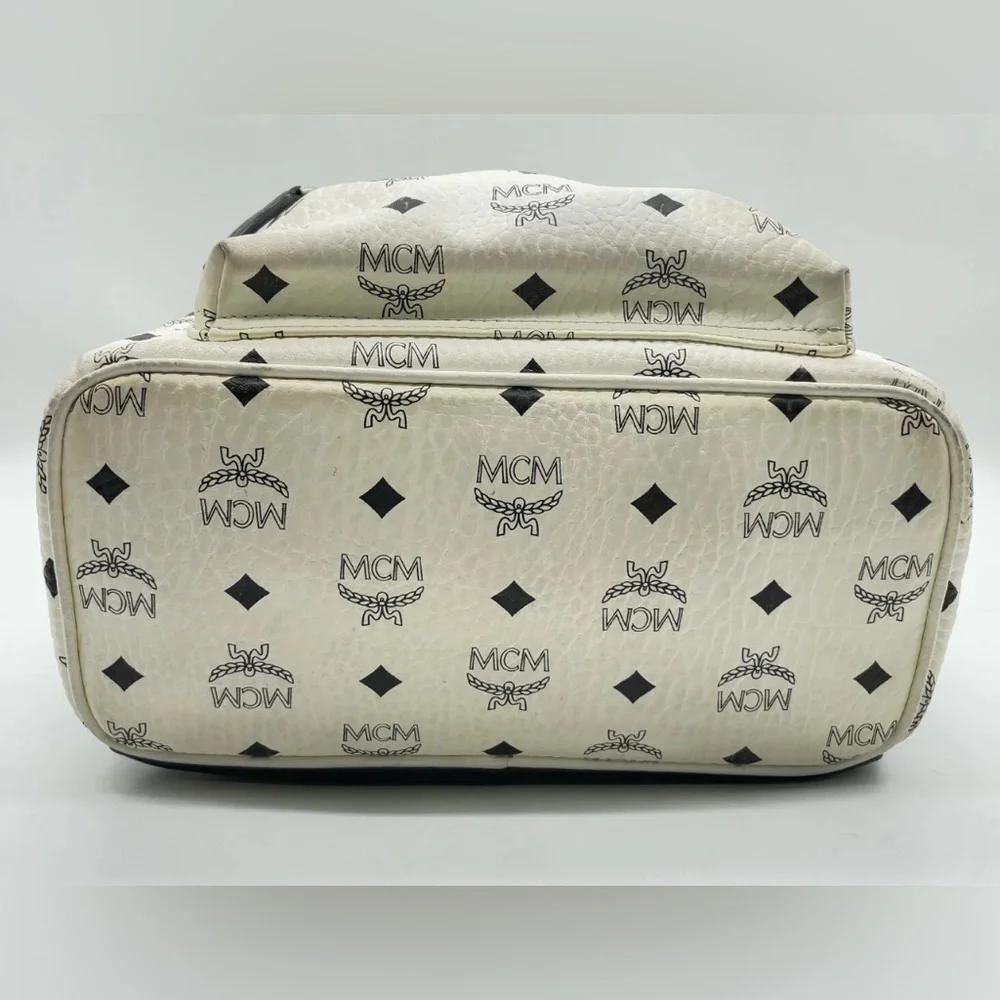 Authentic MCM Visetos Pattern White Leather Studded Backpack medium size